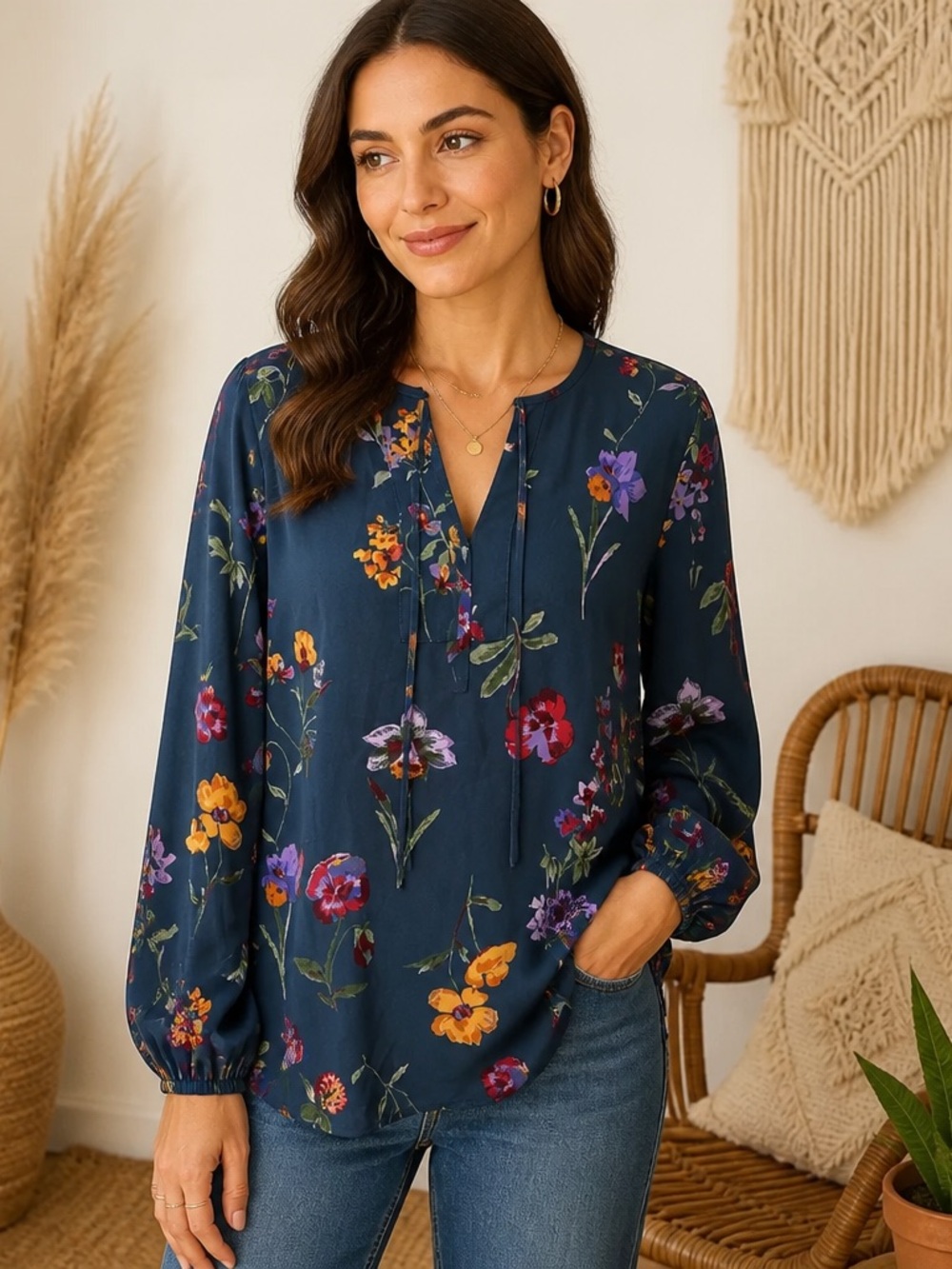 West Kei Womens M Blue Floral Long Sleeve Tie Neck Blouse Professional Modest